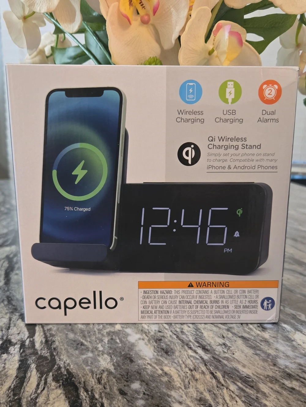 Capello Black Qi Wireless Charging Stand with Digital Alarm Clock